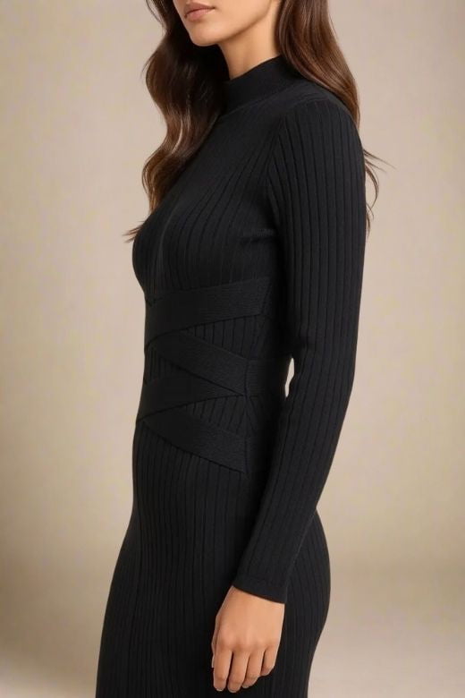 Classic Black Mock Neck Ribbed Criss Cross Waist Long Sleeve Bodycon Midi Dress 3