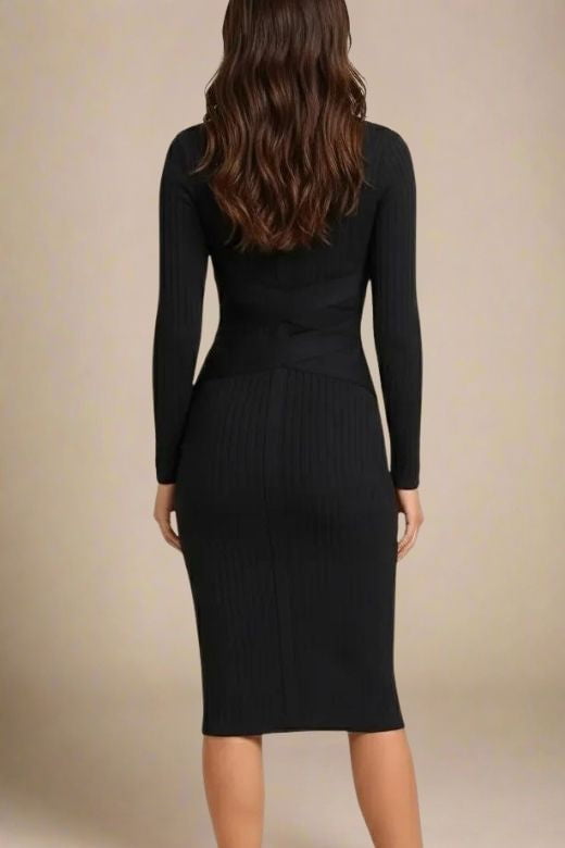 Classic Black Mock Neck Ribbed Criss Cross Waist Long Sleeve Bodycon Midi Dress 4