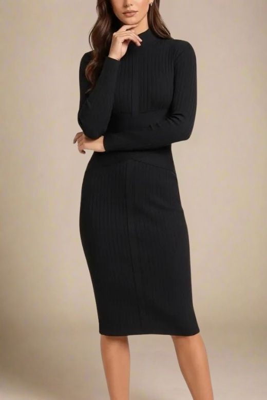 Classic Black Mock Neck Ribbed Criss Cross Waist Long Sleeve Bodycon Midi Dress 5