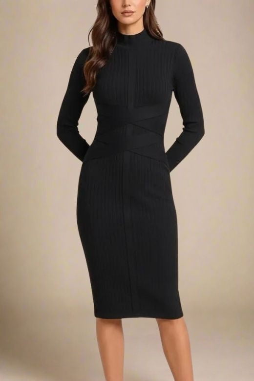 Classic Black Mock Neck Ribbed Criss Cross Waist Long Sleeve Bodycon Midi Dress