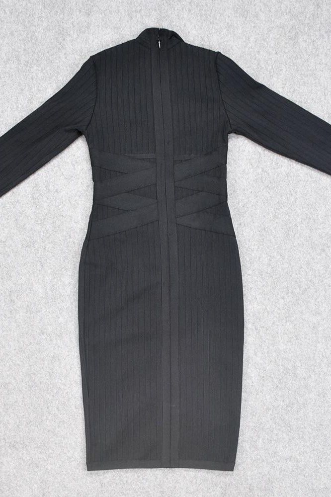 Classic Black Mock Neck Ribbed Criss Cross Waist Long Sleeve Bodycon Midi Dress 10