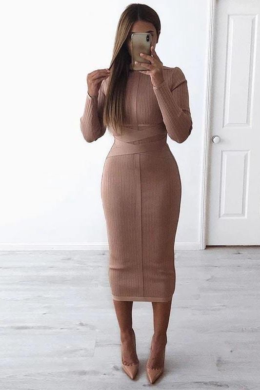 Classic Black Mock Neck Ribbed Criss Cross Waist Long Sleeve Bodycon Midi Dress 7