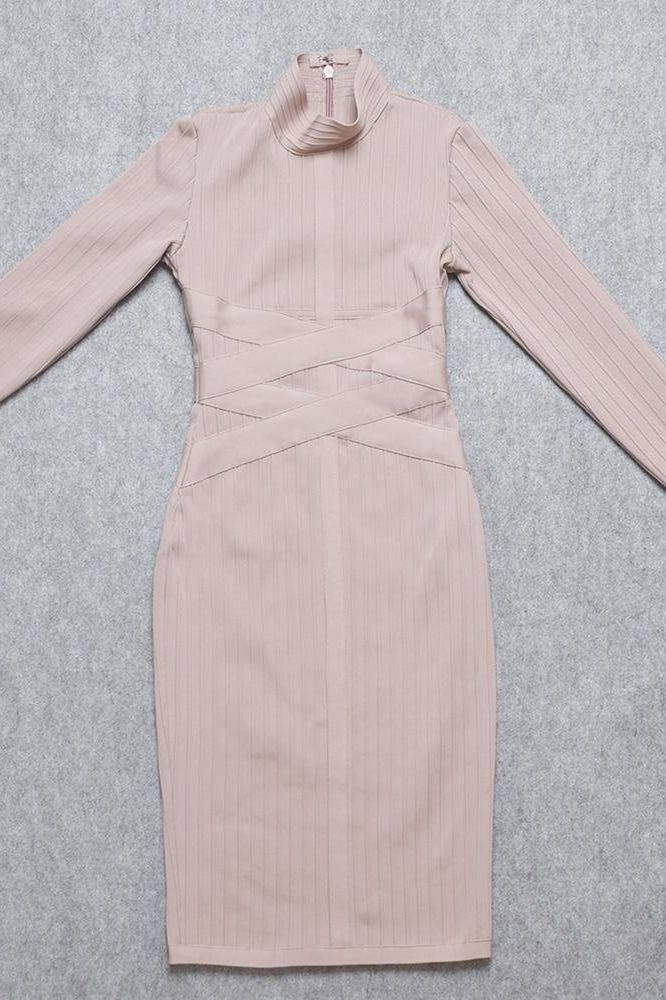 Nude Mock Neck Ribbed Criss Cross Waist Long Sleeve Bodycon Midi Dress 8
