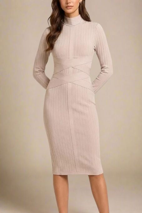 Nude Mock Neck Ribbed Criss Cross Waist Long Sleeve Bodycon Midi Dress