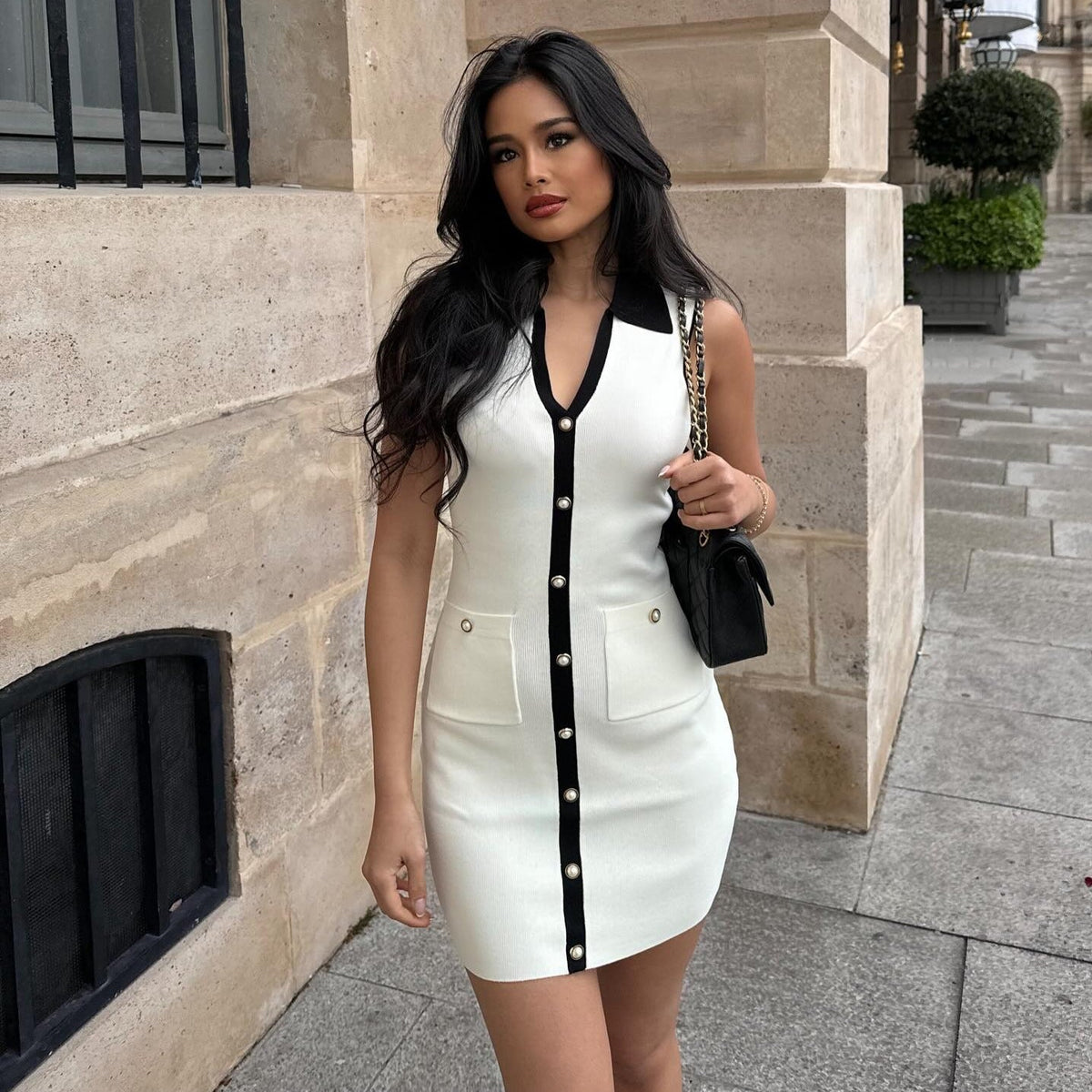 Sleeveless Contrast Collar Button Front Knit Patch Pocket Mini Dress 6