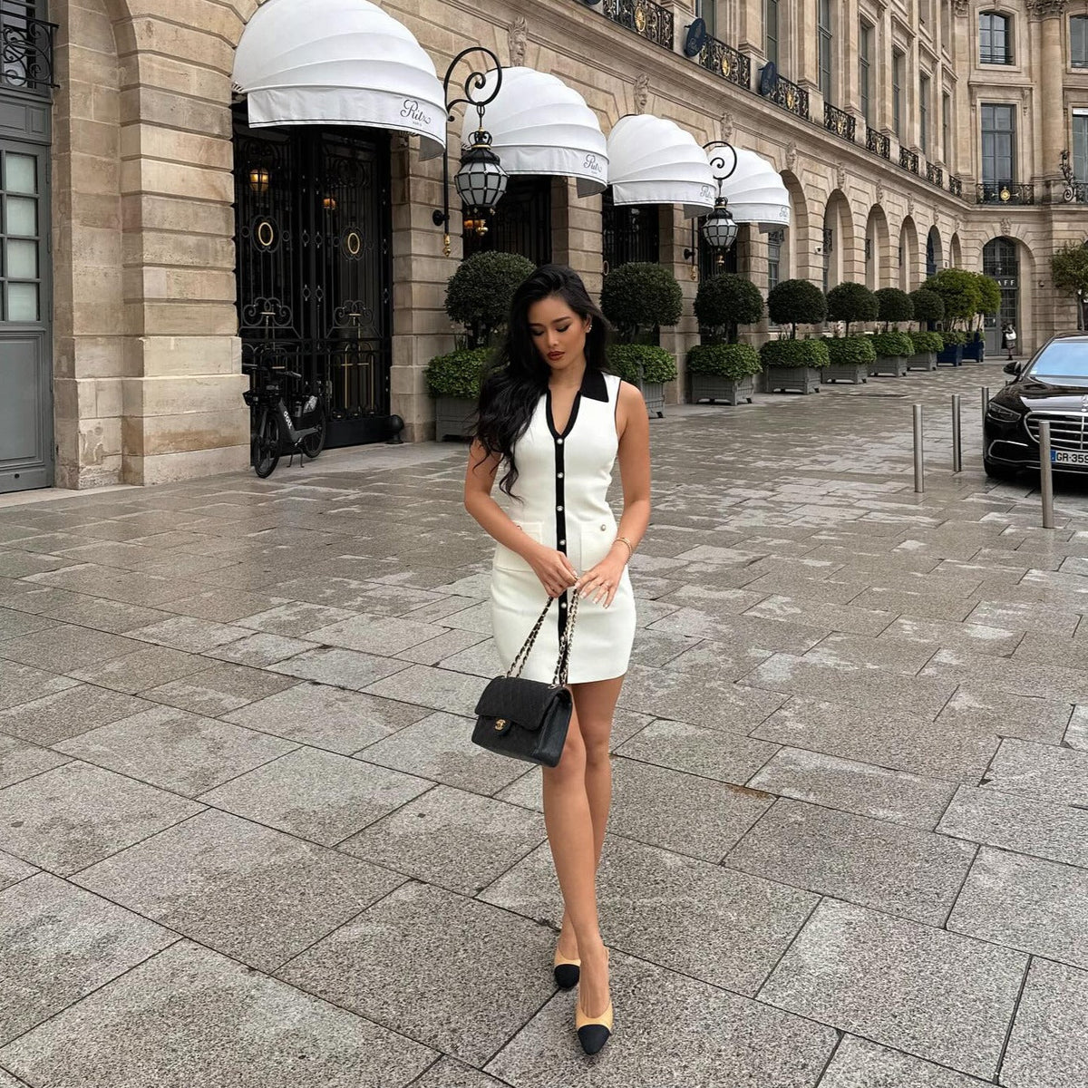 Sleeveless Contrast Collar Button Front Knit Patch Pocket Mini Dress 7