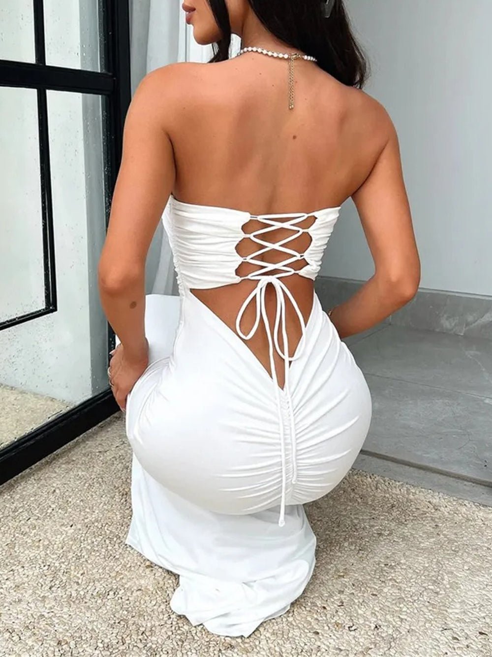 Strapless Horizontal Ruched Waist Bodycon Column Maxi Dress 15