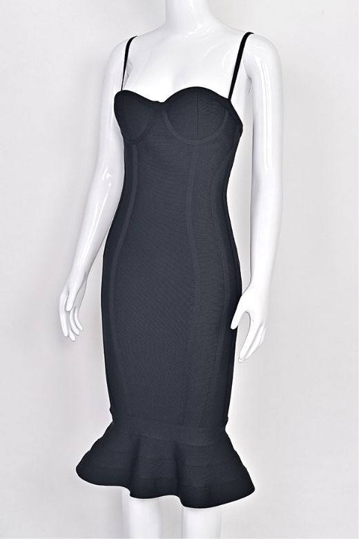 Classic Black Bandage Spaghetti Strap Sweetheart Bustier Mermaid Hem Midi Dress 14