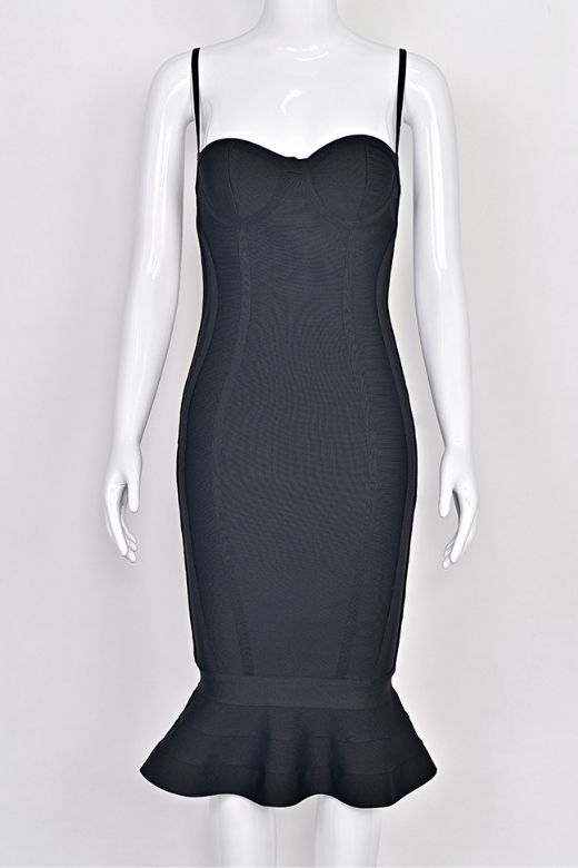 Classic Black Bandage Spaghetti Strap Sweetheart Bustier Mermaid Hem Midi Dress 12