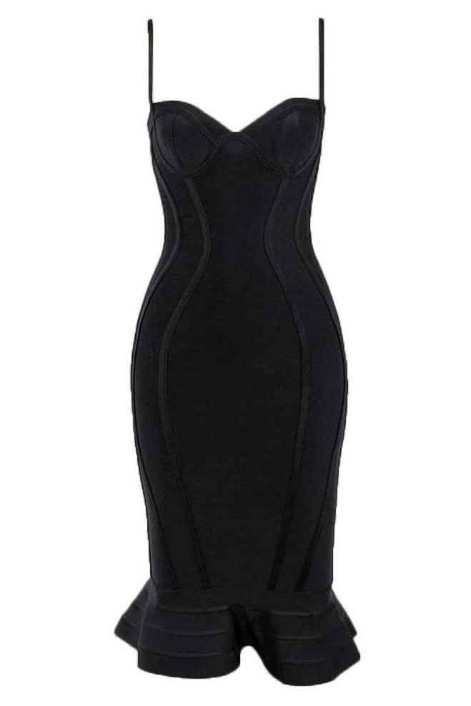 Classic Black Bandage Spaghetti Strap Sweetheart Bustier Mermaid Hem Midi Dress 2