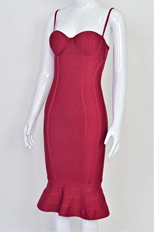 Red Wine Bandage Spaghetti Strap Sweetheart Bustier Mermaid Hem Midi Dress 14