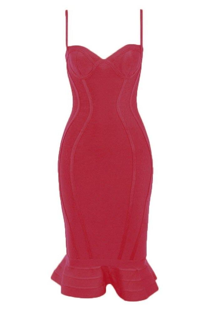 Red Wine Bandage Spaghetti Strap Sweetheart Bustier Mermaid Hem Midi Dress 2