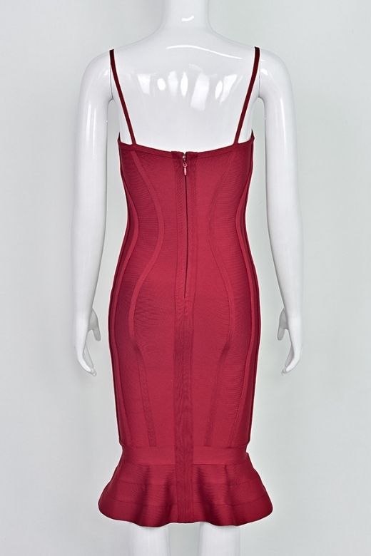 Red Wine Bandage Spaghetti Strap Sweetheart Bustier Mermaid Hem Midi Dress 13