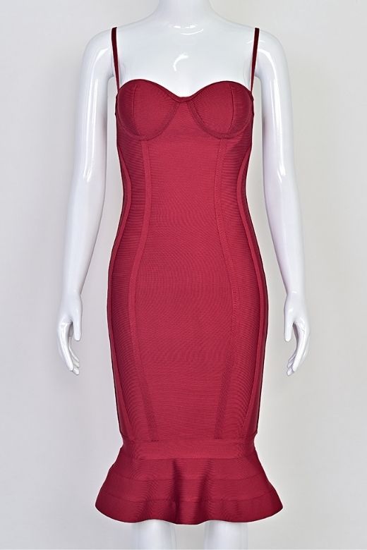 Red Wine Bandage Spaghetti Strap Sweetheart Bustier Mermaid Hem Midi Dress 12