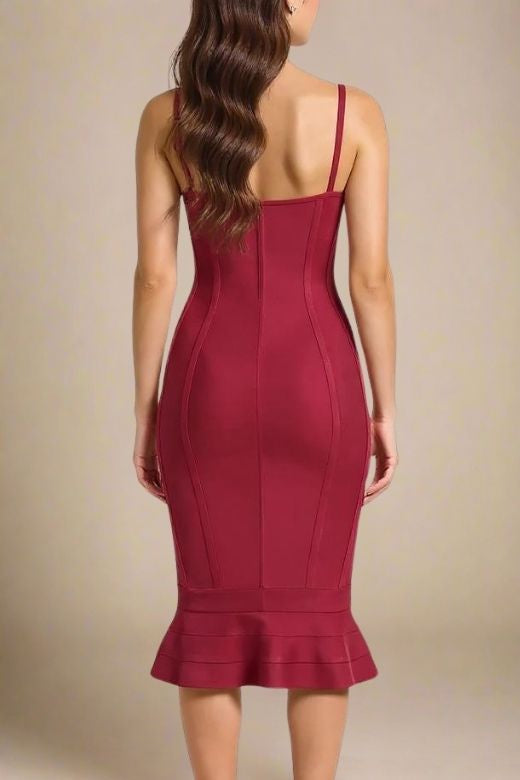 Red Wine Bandage Spaghetti Strap Sweetheart Bustier Mermaid Hem Midi Dress 3