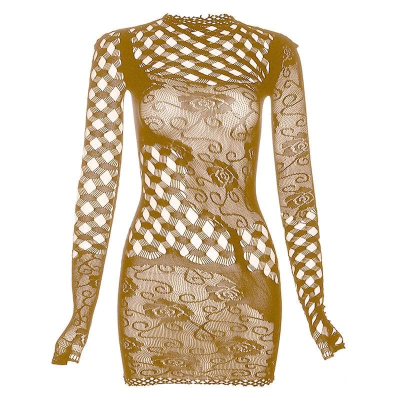 Crew Neck Long Sleeve Floral Lace Fishnet Panel Bodycon Mini Dress 9