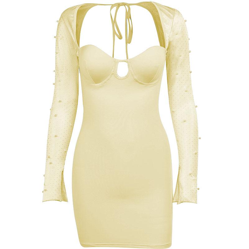 Hollow Out Beaded Mesh Sleeve Sweetheart Keyhole Ruched Zip Mini Dress 2