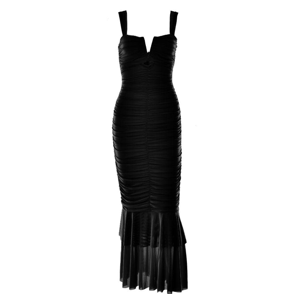 Wide Strap Cutout Bust Ruched Bodice Tiered Mesh Ruffle Hem Maxi Dress 4
