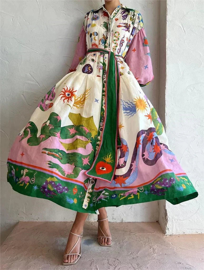Whimsical Print Puff Sleeve Sash Bow Button Front Maxi Shirt Dress 5