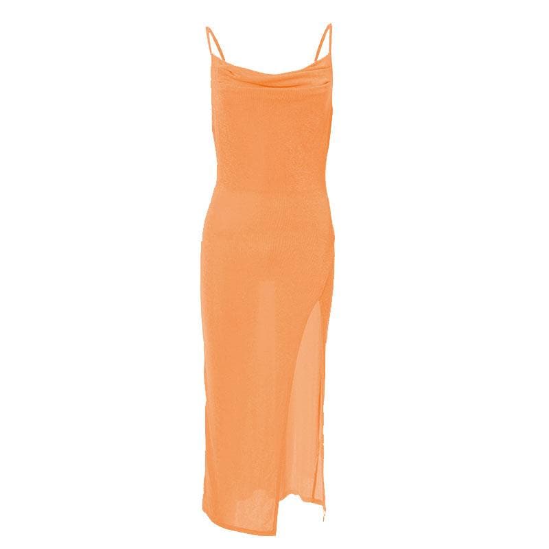 Cowl Neck Spaghetti Strap Ruched Waist High Slit Bodycon Maxi Dress 15