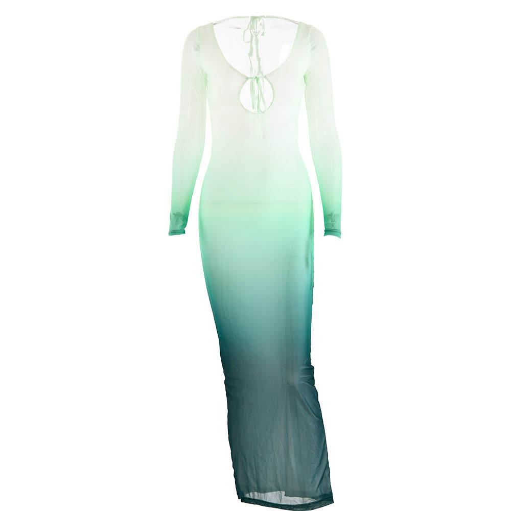 Ombre Mesh Long Sleeve Keyhole Tie Back Slit Maxi Dress 8