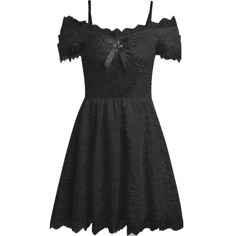 Hollow Out Off Shoulder Short Sleeve Crucifix Applique Bowknot Lace Hem Mini Dress 8