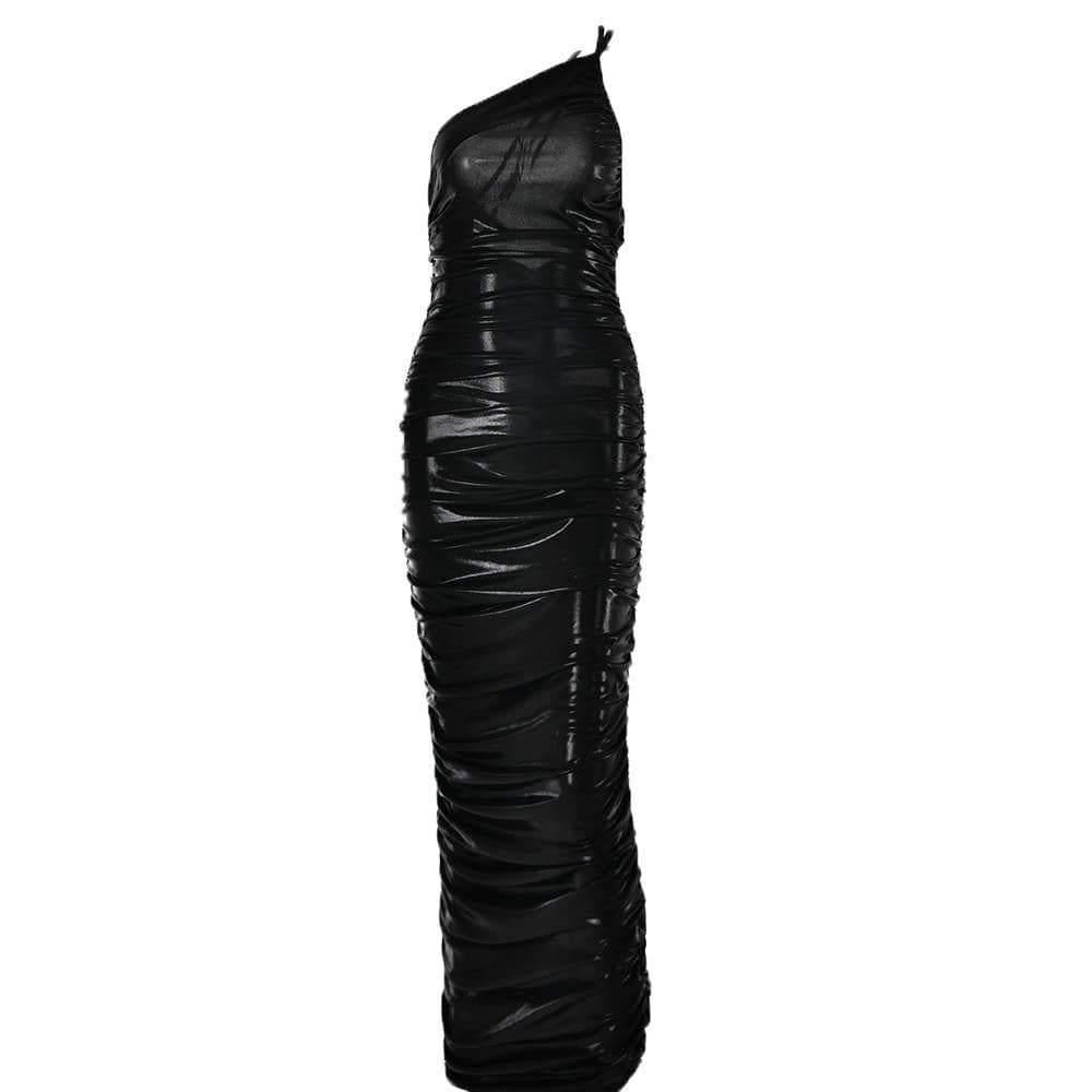One Shoulder Asymmetric Neck Side Seam Ruched Zip Detail Floor Length Maxi Dress 3