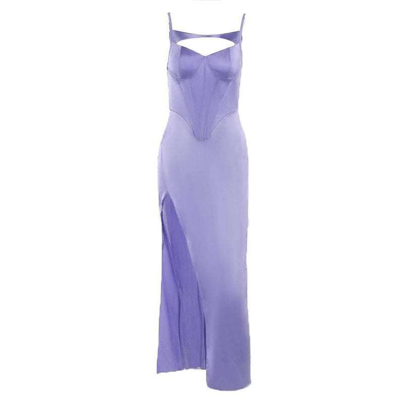 Spaghetti Strap Corset Panel Chest Cutout High Slit Satin Maxi Gown 3