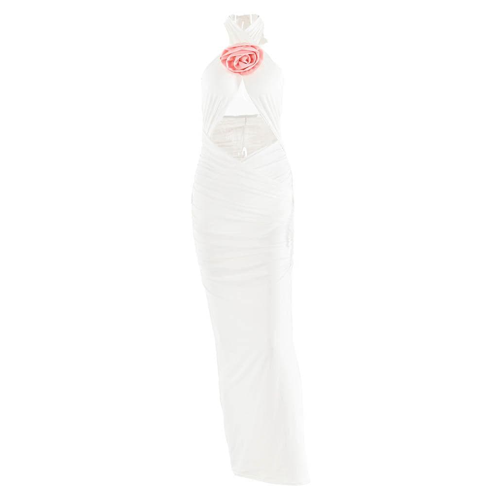 Halter Neck Flower Applique Cutout Cross Front Contrast Ruched Maxi Dress 3