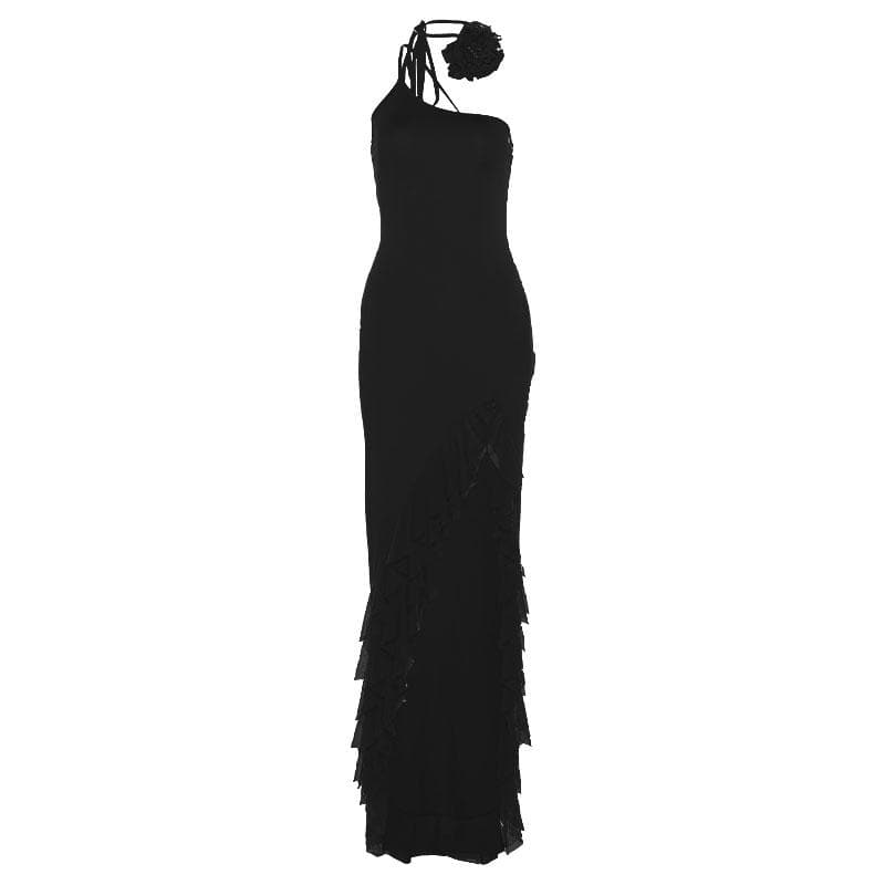 One Shoulder Flower Choker Ruffle Trim High Slit Ribbed Maxi Dress 8