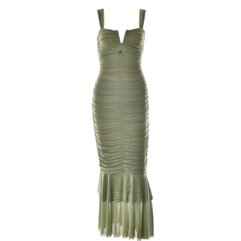 Wide Strap Cutout Bust Ruched Bodice Tiered Mesh Ruffle Hem Maxi Dress 5