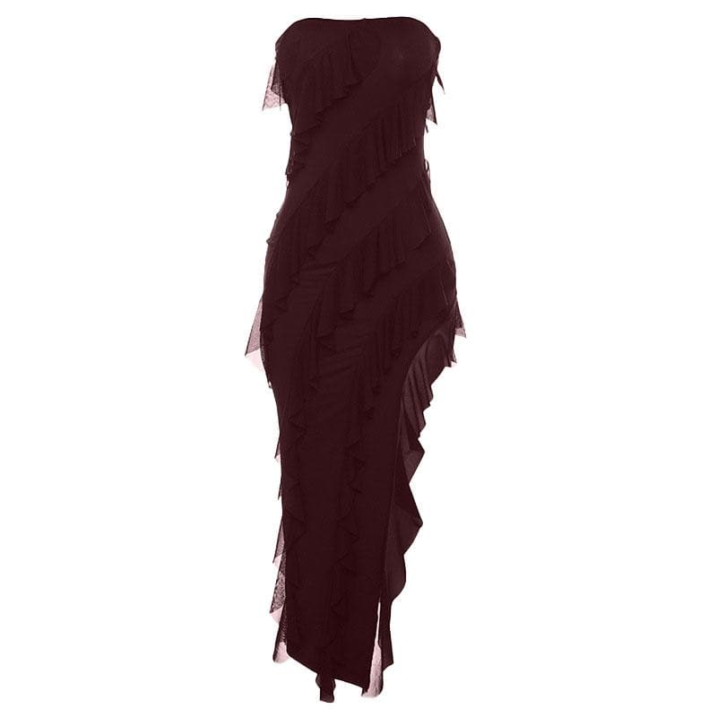 Strapless Tube Diagonal Ruffle Tier High Low Slit Maxi Dress 9
