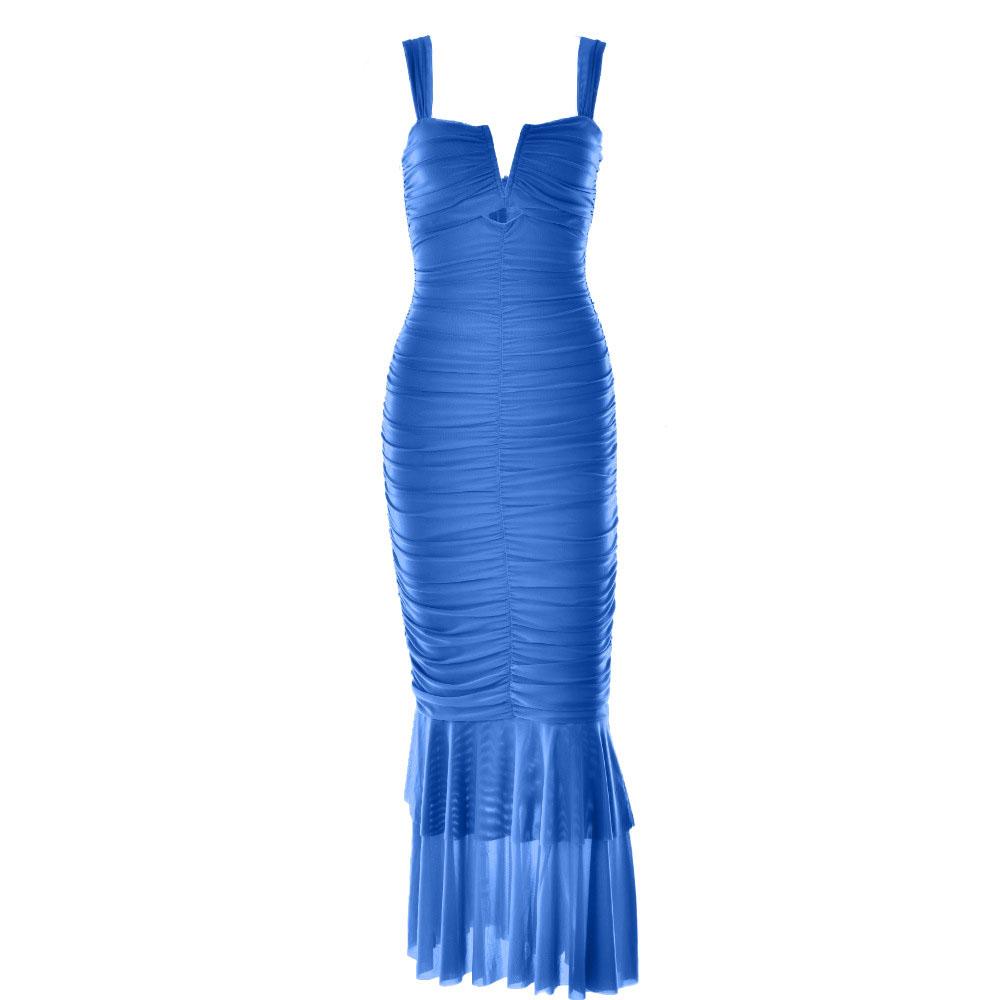 Wide Strap Cutout Bust Ruched Bodice Tiered Mesh Ruffle Hem Maxi Dress 12