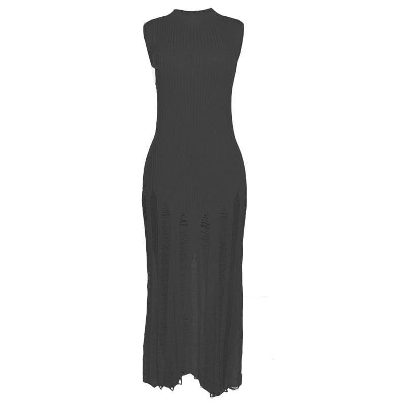 Sleeveless Mock Neck Ribbed Knit Distressed Ladder Hem Maxi Dress 9