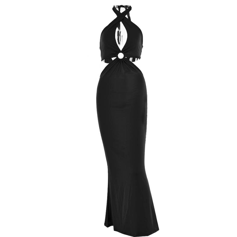 Cross Front Halter O-Ring Cutout Backless Self-Tie Maxi Dress 2