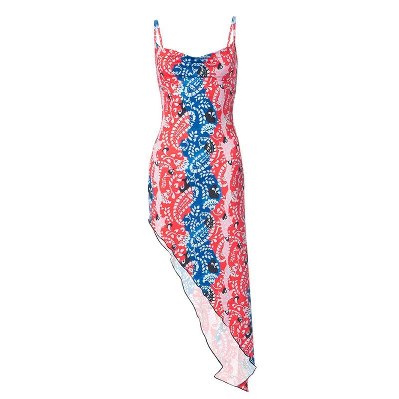 Paisley Print Cowl Neck Spaghetti Strap Thigh Slit Bodycon Midi Dress 2