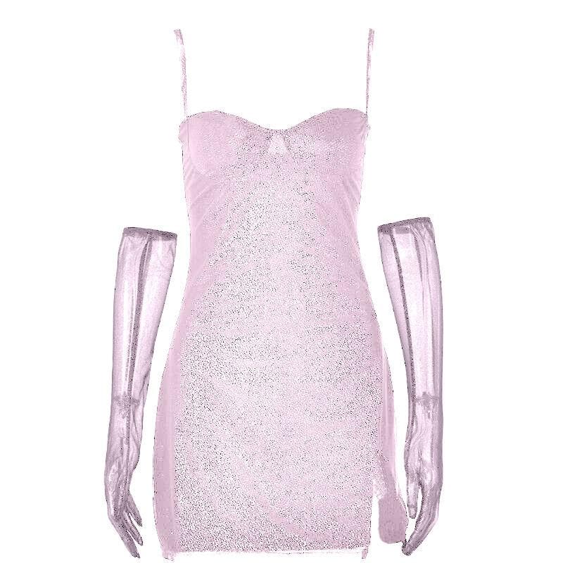 Sweetheart Neck Spaghetti Strap Glitter Side Slit Mesh Glove Mini Dress 11