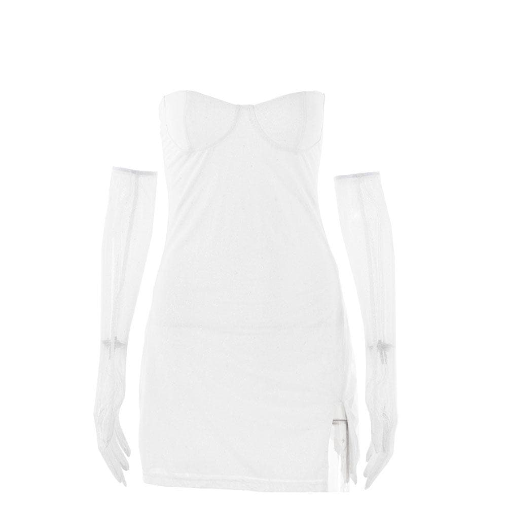 Sweetheart Neck Spaghetti Strap Glitter Side Slit Mesh Glove Mini Dress 12