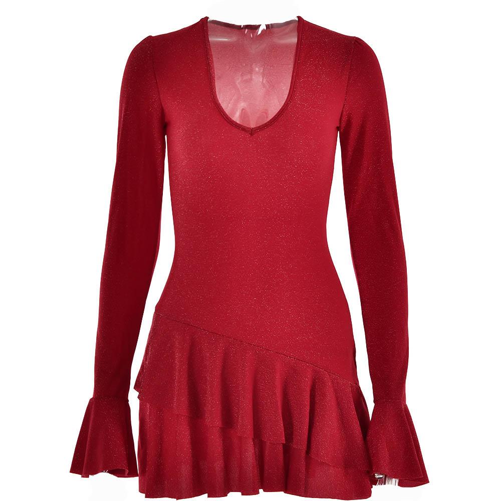 Glitter Deep V Bell Sleeve Tiered Ruffle Hem Mini Dress 9