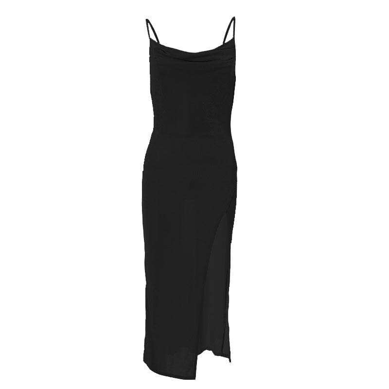 Cowl Neck Spaghetti Strap Ruched Waist High Slit Bodycon Maxi Dress 12