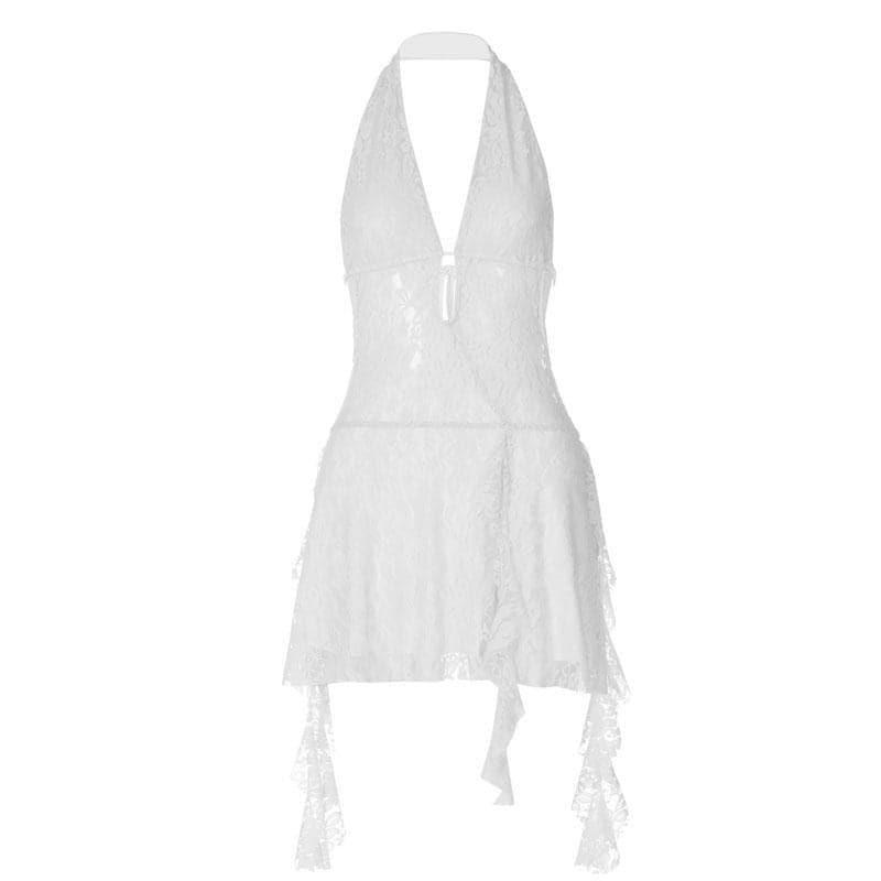 Deep V Halter Lace Up Sheer Ruffle Hem Mini Dress 2