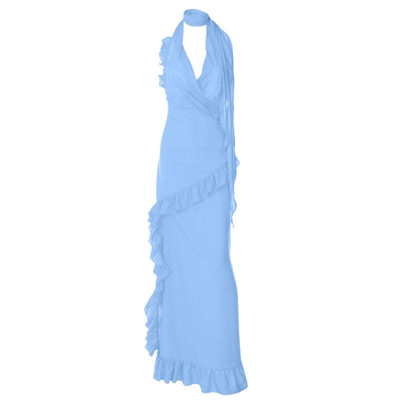 Halter Scarf Neck Surplice Ruffle Trim Maxi Gown 2