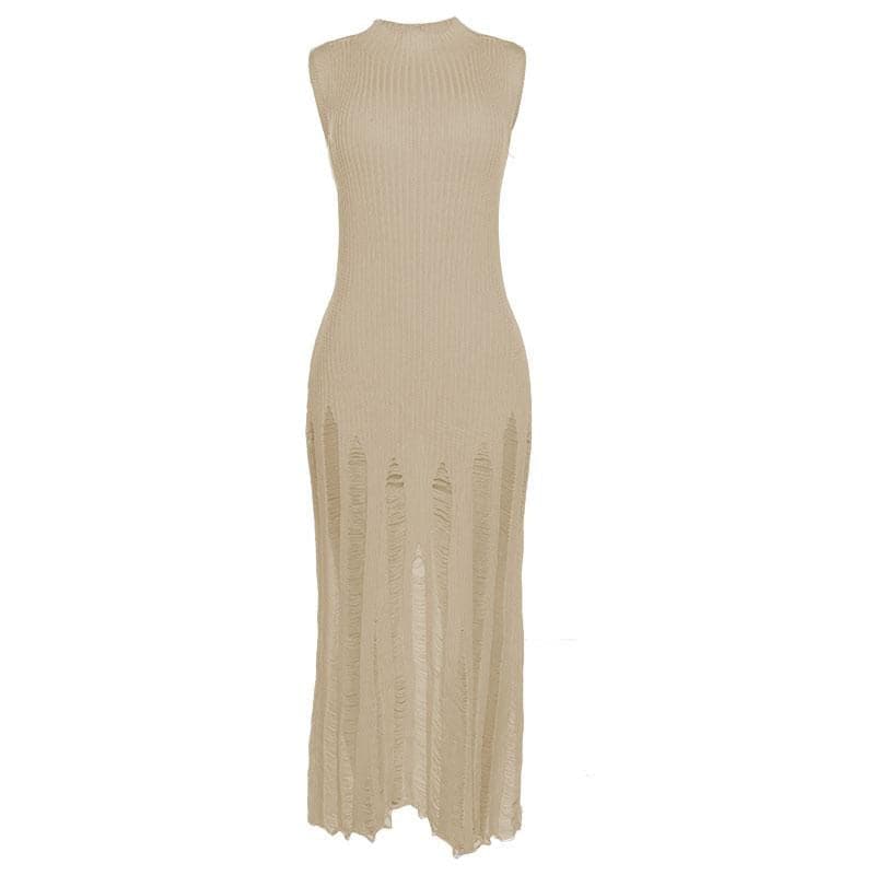 Sleeveless Mock Neck Ribbed Knit Distressed Ladder Hem Maxi Dress 10