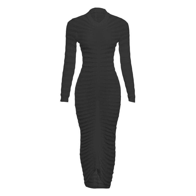 Mock Neck Long Sleeve Horizontal Ruched Rib Knit Bodycon Midi Dress 8