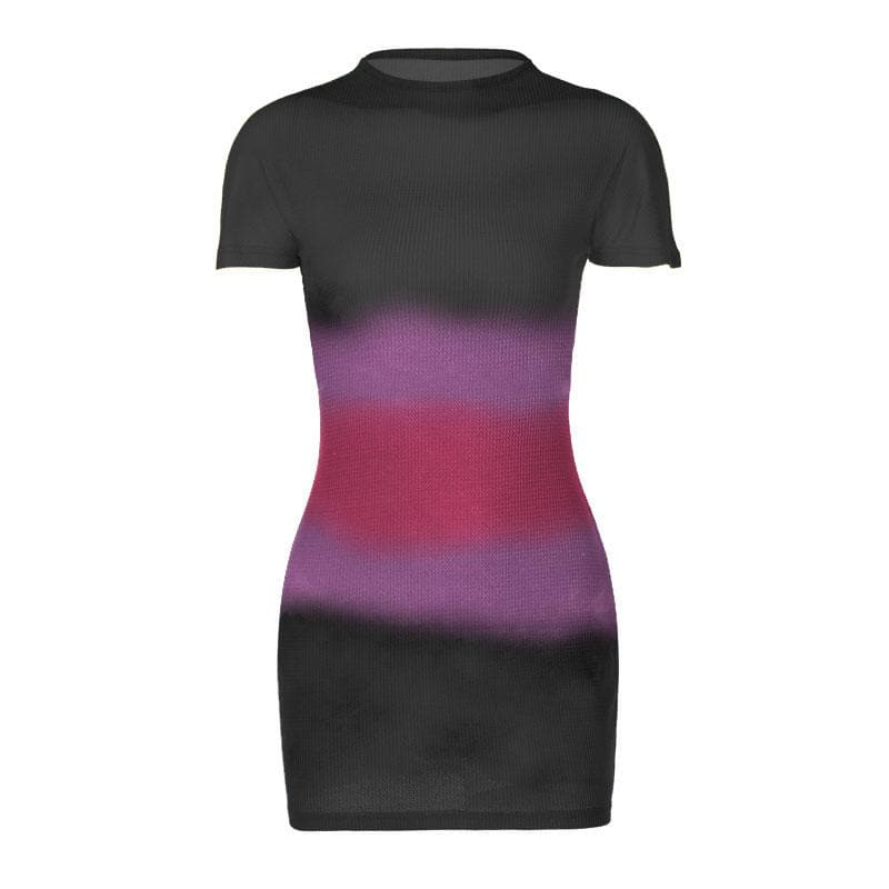 Ribbed Knit Tie Dye Gradient Mock Neck Short Sleeve Mini Dress 8