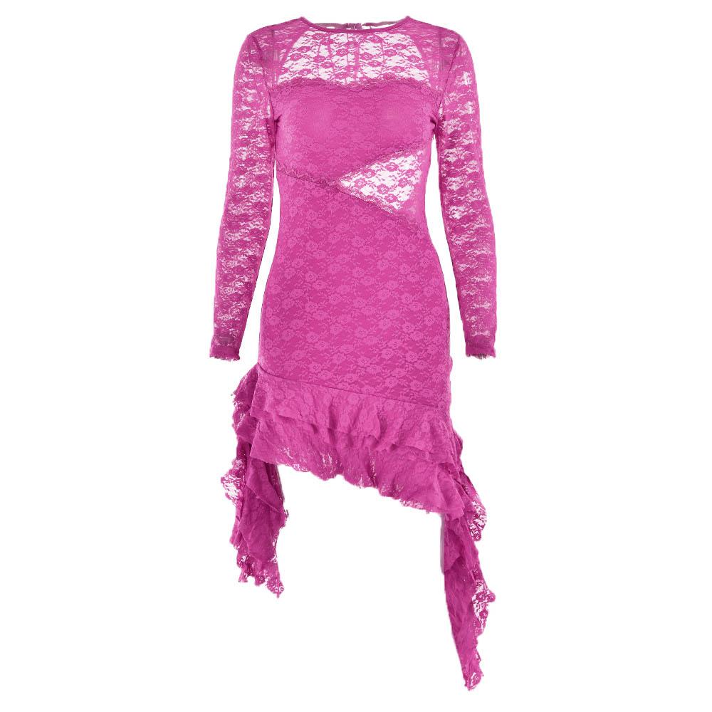 Lace Sweetheart Cutout Long Sleeve Asymmetric Ruffle Hem Mini Dress 8