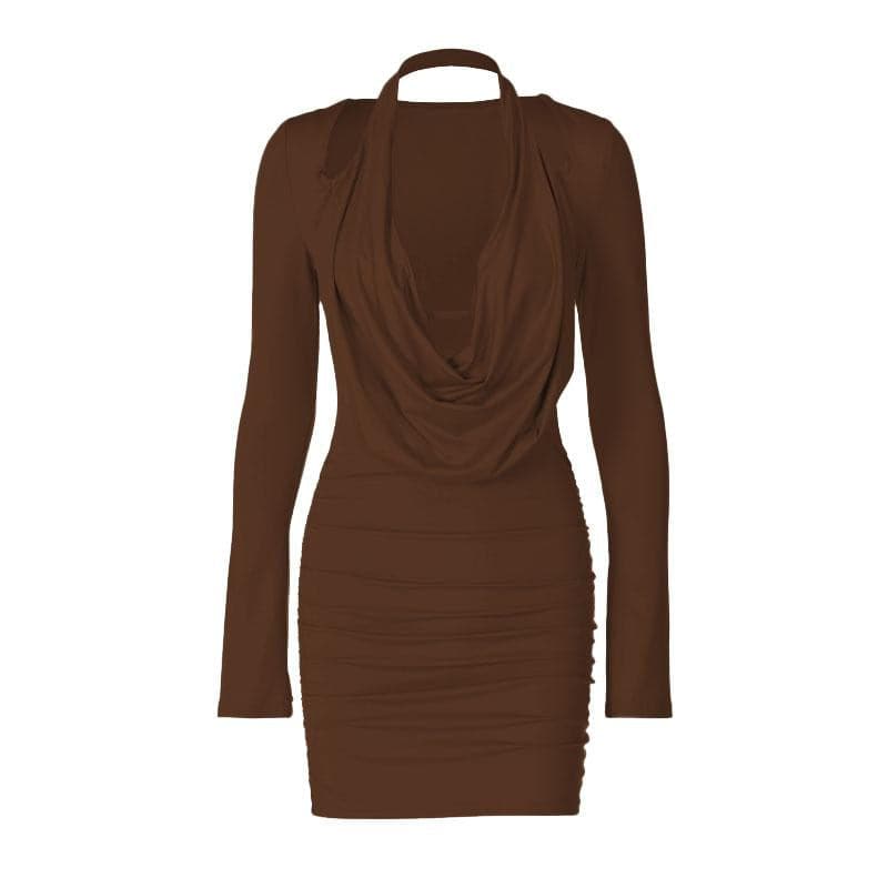 Cowl Neck Halter Shoulder Cutout Ruched Long Sleeve Mini Dress