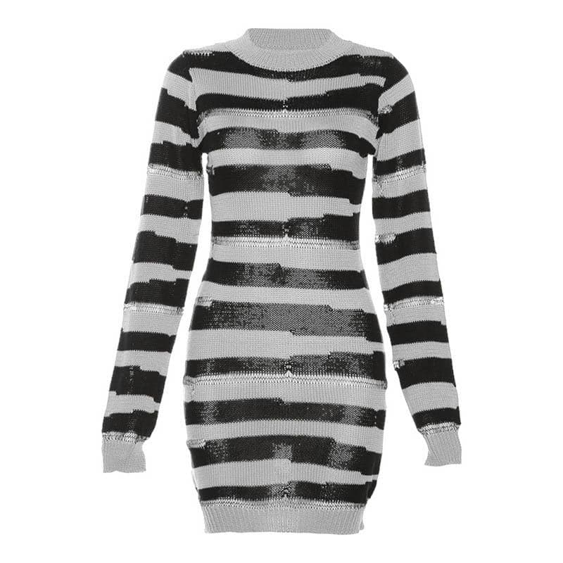 Crew Neck Distressed Open Knit Glitch Stripe Rib Knit Mini Dress 9