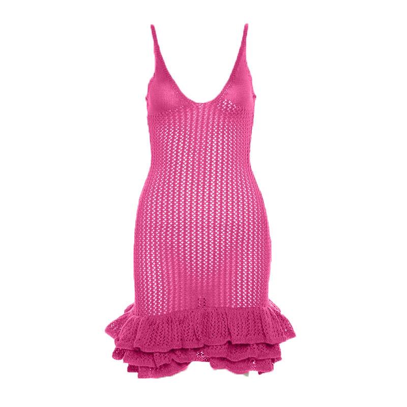 Spaghetti Strap V-Neck Crochet Pointelle Ruffle Lettuce Hem Mini Dress 10