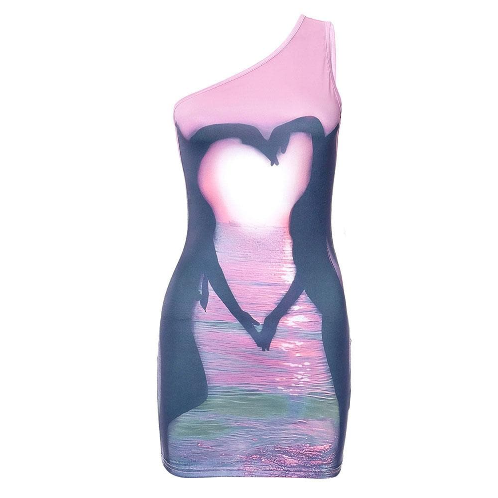 One Shoulder Swan Heart Sunset Graphic Bodycon Mini Dress 2